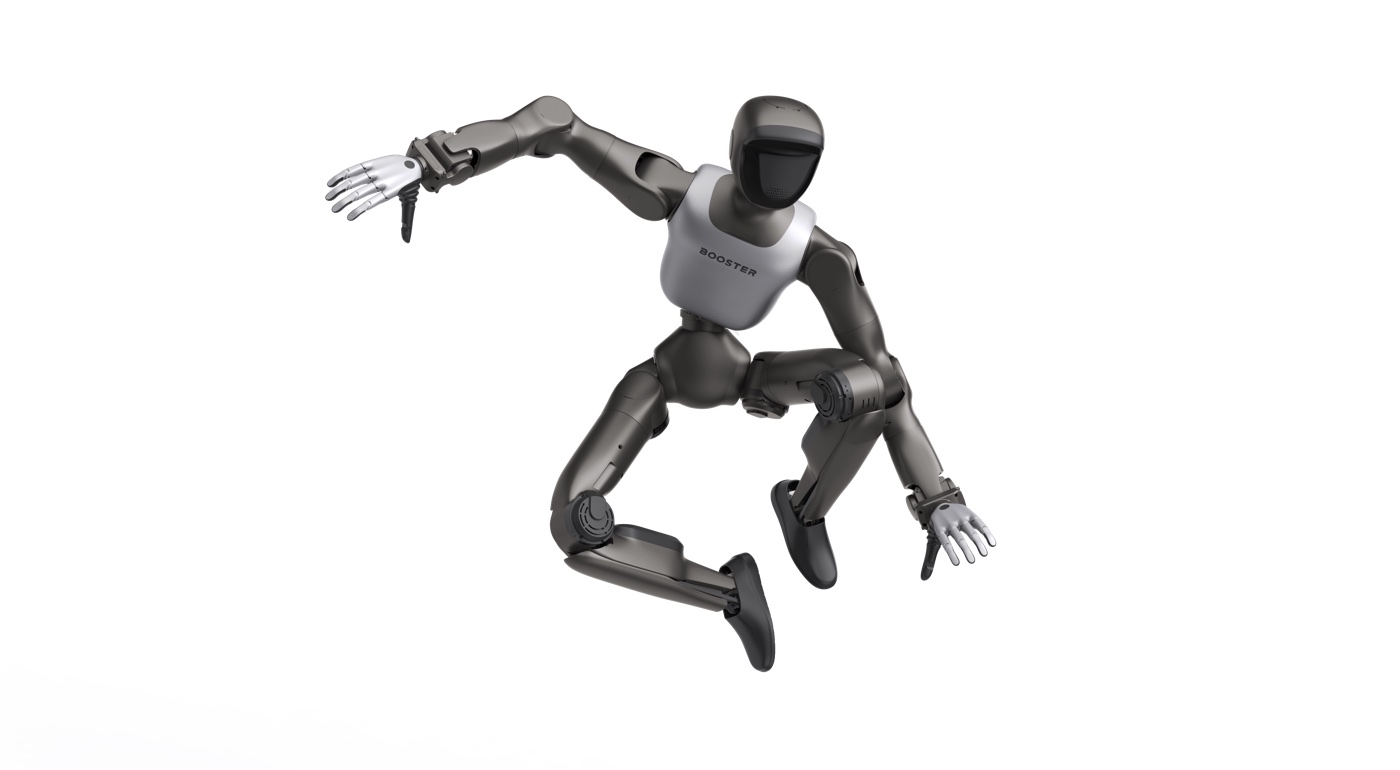 Booster T2 humanoid robot in a dynamic crouching pose