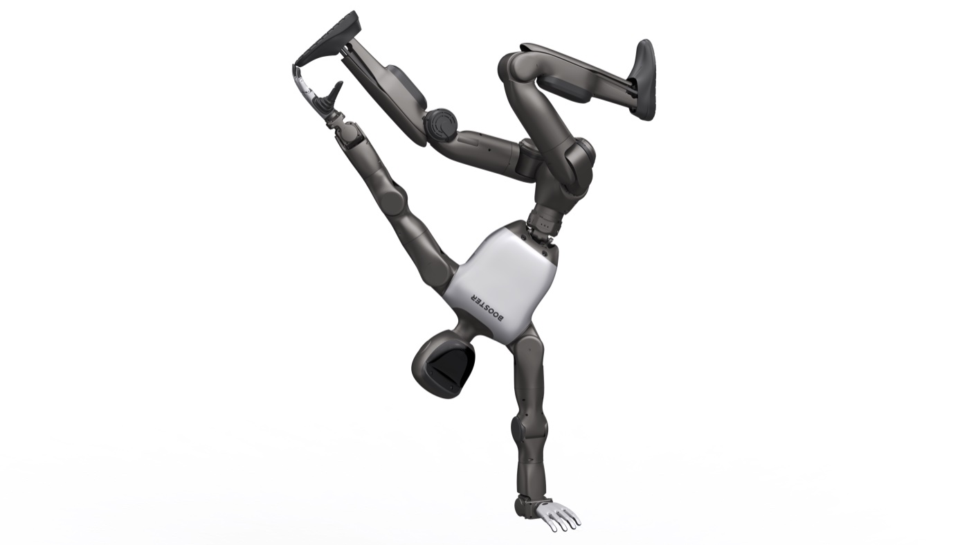 Booster T2 humanoid robot holding an inverted balance pose