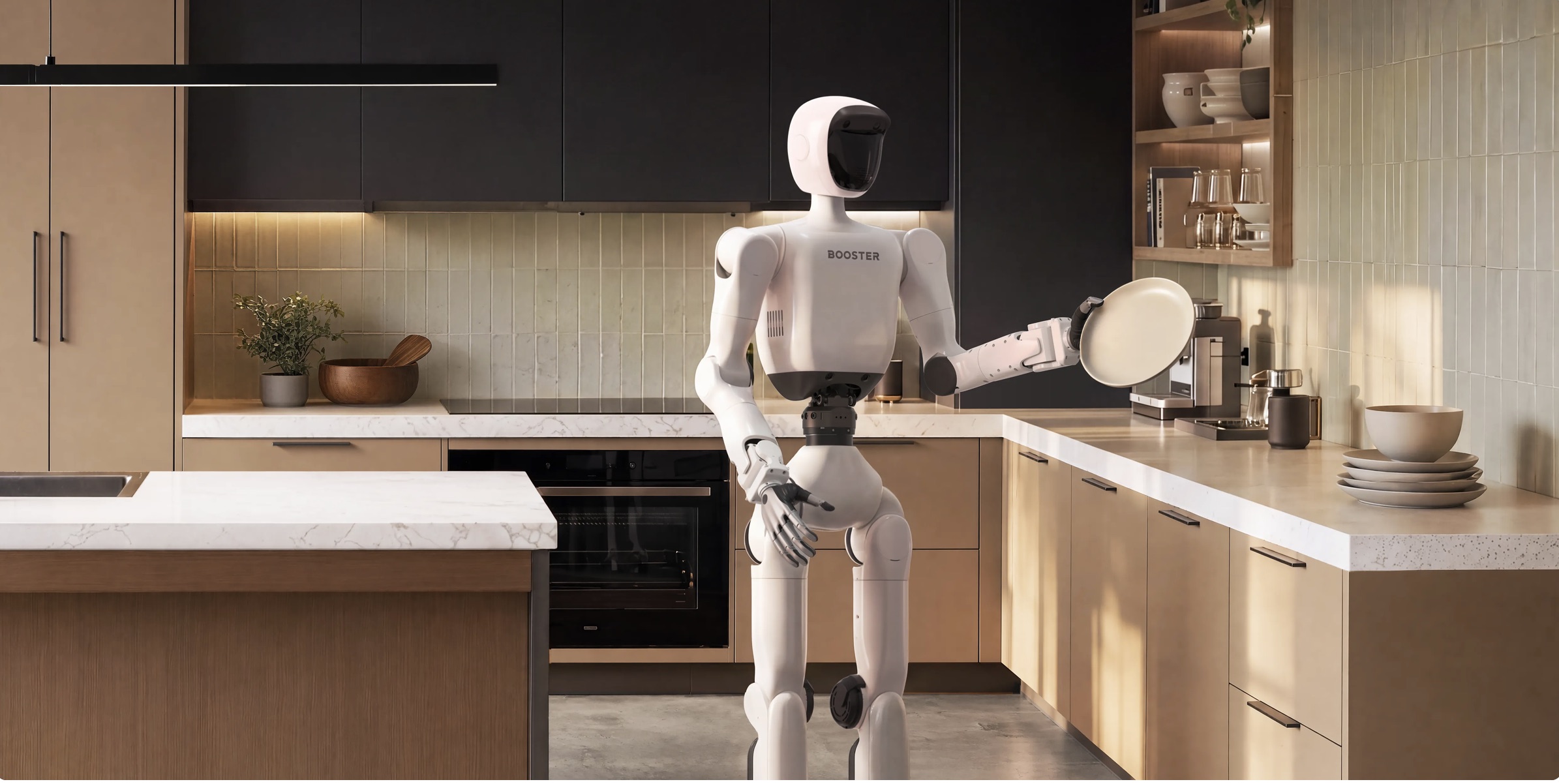 Booster T2 humanoid robot handling a plate in a modern kitchen